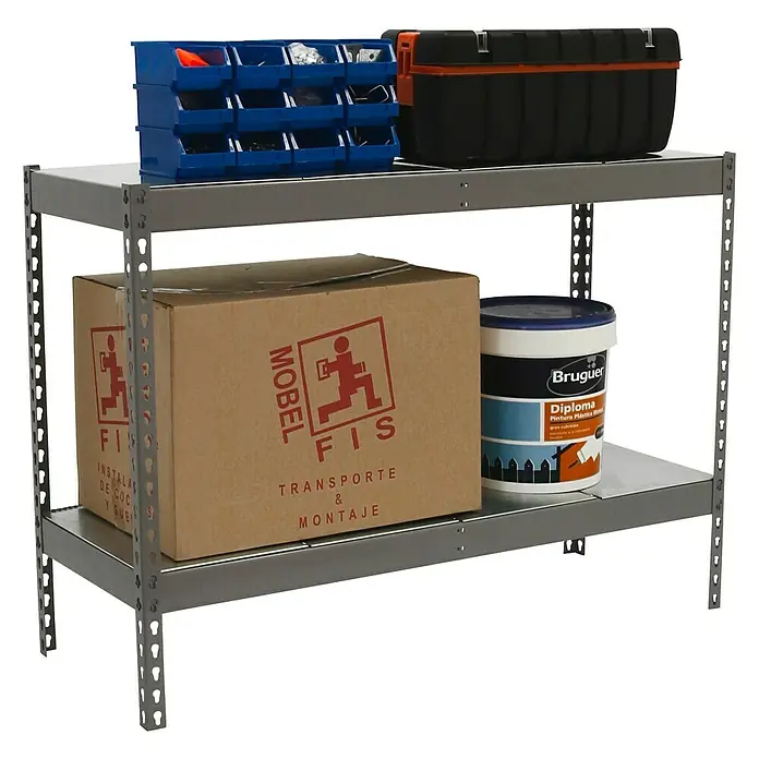 Simonrack Ecoforte Metallregal Ecoforte Metall - H x B x T: 90 x 150 x 60 cm, Traglast pro Boden: 400 kg, Anzahl Böden: 2 Stk., Stecken, Grau - Ein zweistufiges Regal mit Werkzeugkasten, Sortierkasten, Farbkübel und einem Karton. Ideal für Garage und Werkstatt.