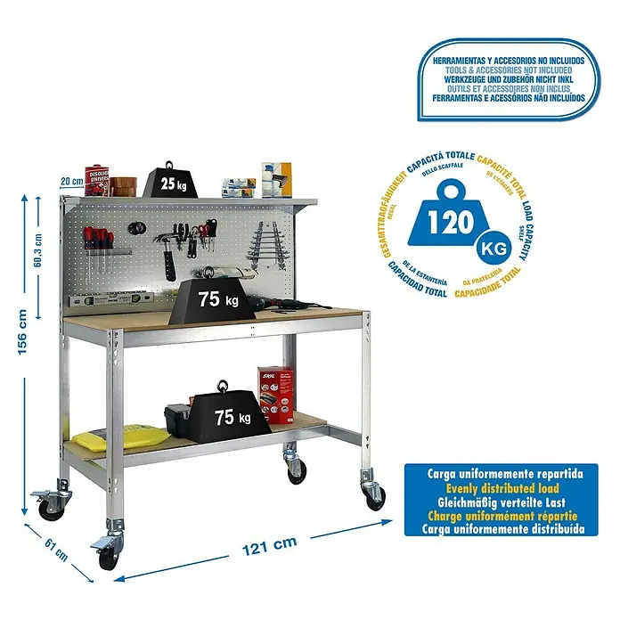 Simonrack Simonwork Banco de trabajo BT3 Mobile - L x An: 61 x 121 cm, Altura de trabajo: 152 cm, Carga soportada: 120 kg, Galvanizado - Banco de trabajo versátil con almacenamiento, panel perforado y ruedas para movilidad. Capacidad de carga máxima de 120 kg con distribución uniforme.