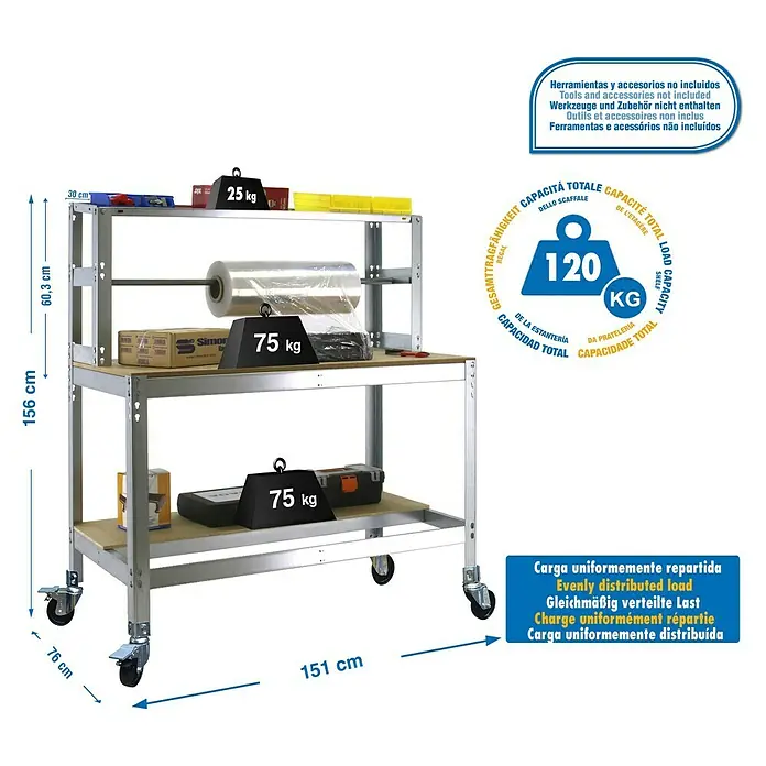 Simonrack Simonwork Banco de trabajo BT4 Mobile - L x An: 76 x 151 cm, Altura de trabajo: 152 cm, Carga soportada: 120 kg, Galvanizado - Imagen de una mesa de herramientas de tres niveles con una capacidad de carga máxima de 120 kg, robusta y versátil.