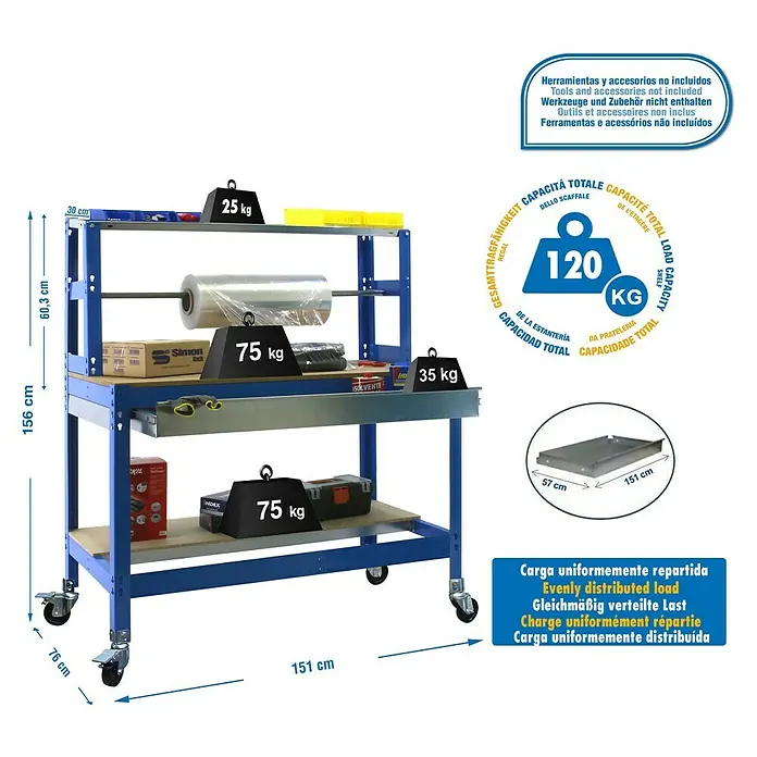 Simonrack Simonwork Banco de trabajo BT4 Box Mobile - L x An: 76 x 151 cm, Altura de trabajo: 152 cm, Carga soportada: 120 kg, Azul - Imagen de un banco de trabajo con múltiples estantes e indicaciones de peso que demuestran su capacidad de carga.
