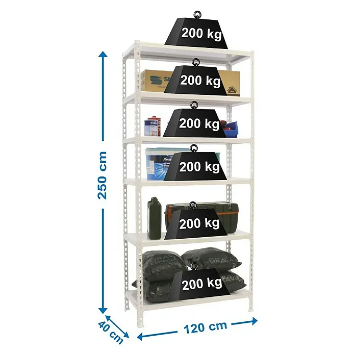 Simonrack Simonclick Metallregal Mega Plus - H x B x T: 250 x 120 x 40 cm, Traglast pro Boden: 200 kg, Anzahl Böden: 6 Stk., Stecken, Weiß/Weiß - Aufnahme eines weißen Regals mit sechs Ebenen, beladen mit verschiedenen Gegenständen, wobei jede Ebene mit 200 kg belastet ist.