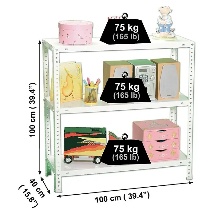 Simonrack Simonclassic Metallregal Advantage Plus - H x B x T: 100 x 100 x 40 cm, Traglast pro Boden: 75 kg, Anzahl Böden: 3 Stk., Schrauben, Weiß - Abbildung eines weißen Regals mit drei Ebenen, das mit verschiedenen Gegenständen und Gewichtsangaben darauf gefüllt ist.