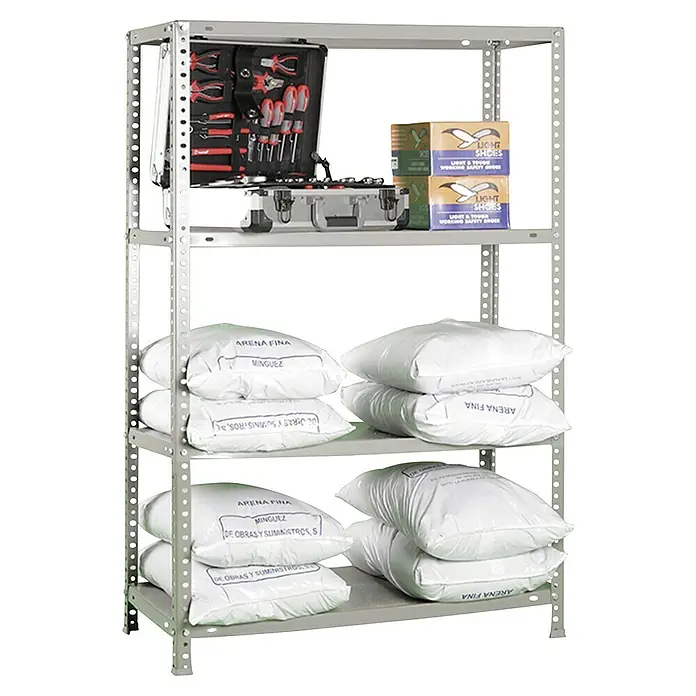 Simonrack Simonclassic Metallregal Advantage Mini - H x B x T: 150 x 80 x 40 cm, Traglast pro Boden: 75 kg, Anzahl Böden: 4 Stk., Schrauben, Silber - Ein graues Metallregal mit Werkzeugkasten, Schuhkartons und Sandsäcken. Robuste Aufbewahrungslösung für Werkstatt oder Lager.