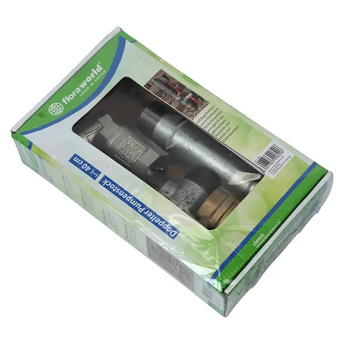 Floraworld Pumpenstock Doppelt - Rückschlagventil - Verpackung eines Doppelter Pumpenstock-Sets von floraworld, ideal für Gartenbewässerungssysteme mit Hand- und Elektropumpenanschluss.