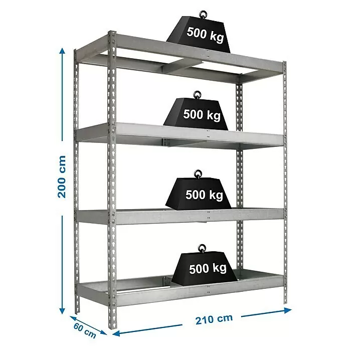 Simonrack Simonforte Estantería para cargas pesadas - Al x An x Pr: 200 x 210 x 45 cm, Número de baldas: 4 ud., Inserción, Galvanizado, Capacidad de carga por balda: 600 kg - Estantería metálica gris de cuatro baldas, 200x210x60 cm, con capacidad de carga de 500 kg por balda.