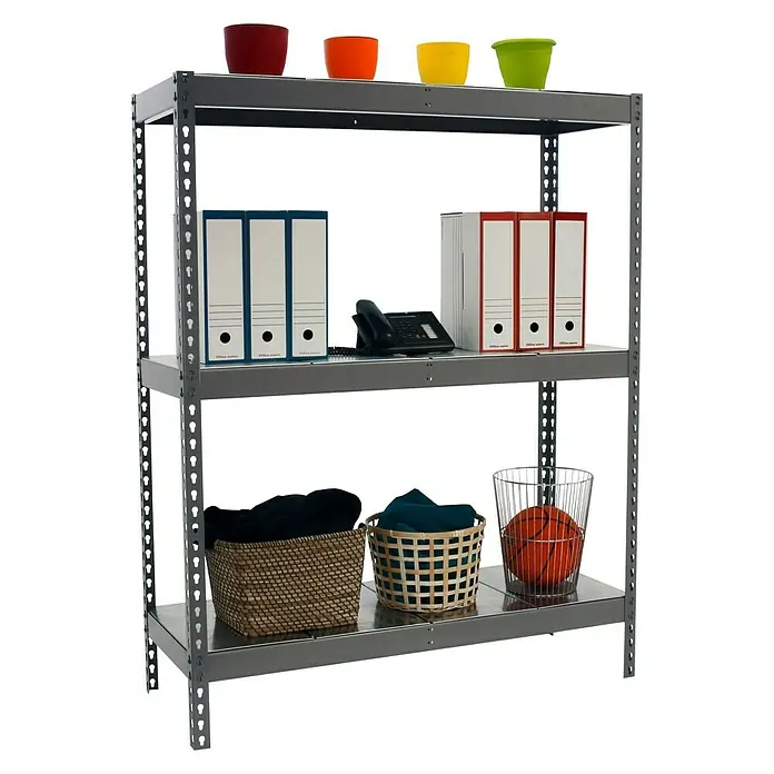 Simonrack Ecoforte Metallregal Ecoforte Metall - H x B x T: 200 x 120 x 45 cm, Traglast pro Boden: 400 kg, Anzahl Böden: 3 Stk., Stecken, Grau - Regal mit drei Regalböden, auf denen Ordner, Körbe und andere Gegenstände stehen. Die Regalböden sind grau.