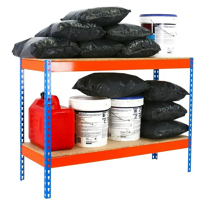 Simonrack Ecoforte Schwerlastregal Chipboard - H x B x T: 90 x 150 x 75 cm, Traglast pro Boden: 400 kg, Anzahl Böden: 2 Stk., Stecken, Blau/Orange - Regal mit Farbeimern, Benzinkanister und Säcken mit Kies und Spezialmischung.