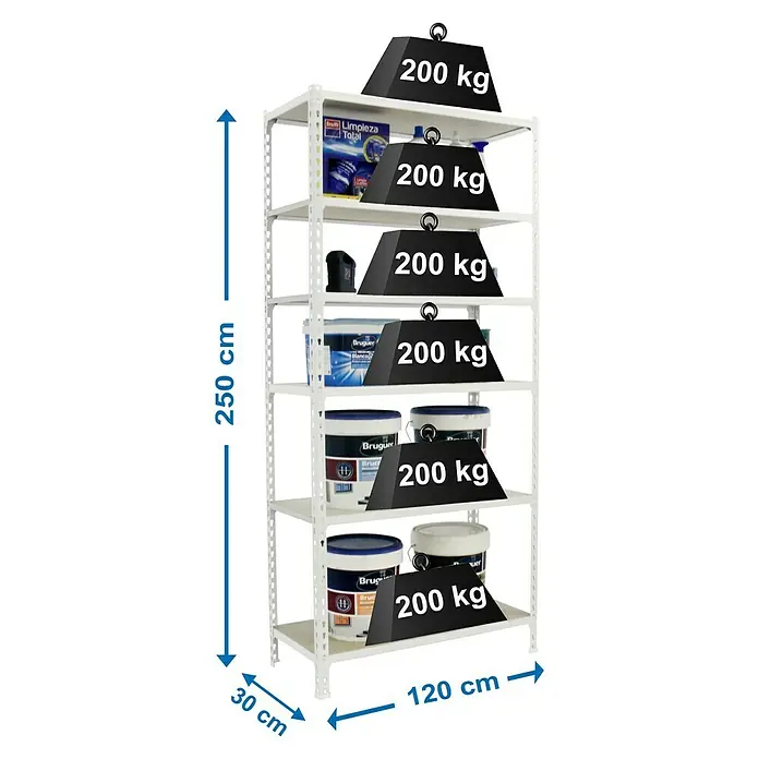 Simonrack Maderclick Metallregal Maderclick MegaPlus - H x B x T: 250 x 120 x 30 cm, Traglast pro Boden: 200 kg, Anzahl Böden: 6 Stk., Stecken, Weiß - Abbildung eines weißen Regals mit sechs Fächern, gefüllt mit verschiedenen Gegenständen, die jeweils mit einem Gewicht von 200 kg belastet sind.