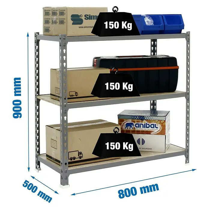 Simonrack Maderclick Metallregal Maderclick Mini - H x B x T: 90 x 80 x 50 cm, Traglast pro Boden: 150 kg, Anzahl Böden: 3 Stk., Stecken, Grau - Abbildung eines Schwerlastregals mit drei Ebenen, das mit Kartons und Werkzeugkisten beladen ist. Die Maße sind angegeben.