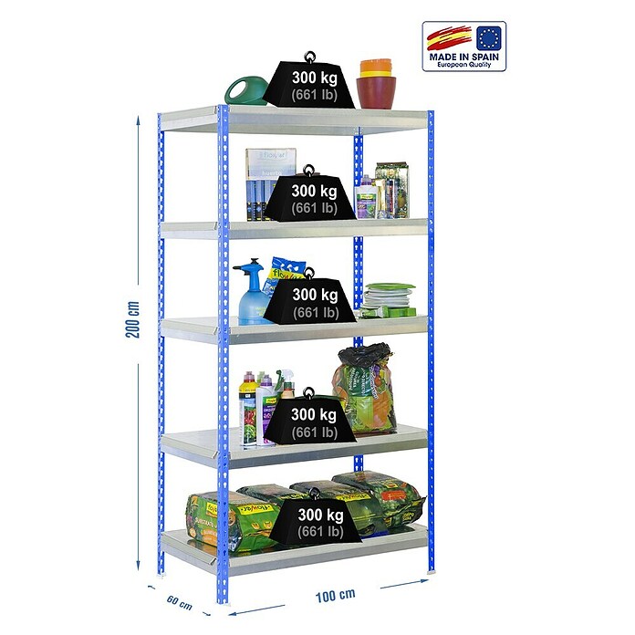 Simonrack Bricoforte Estantería para cargas pesadas Metal (Al x An x Pr: 200 x 100 x 60 cm, Número de baldas: 5 ud., Inserción, Azul/Galvanizado, Capacidad de carga por balda: 300 kg) | BAUHAUS