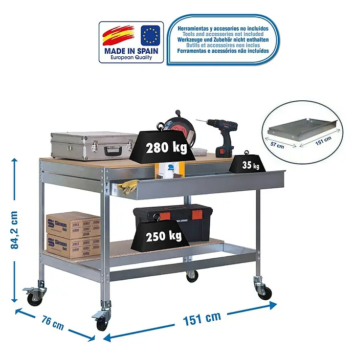 Simonrack Simonwork Banco de trabajo BT0 Box Mobile - L x An: 76 x 151 cm, Altura de trabajo: 91,7 cm, Carga soportada: 120 kg, Galvanizado - Imagen del producto de una mesa de taller con herramientas y accesorios, fabricada en España, con dimensiones de 84,2 x 76 x 151 cm.