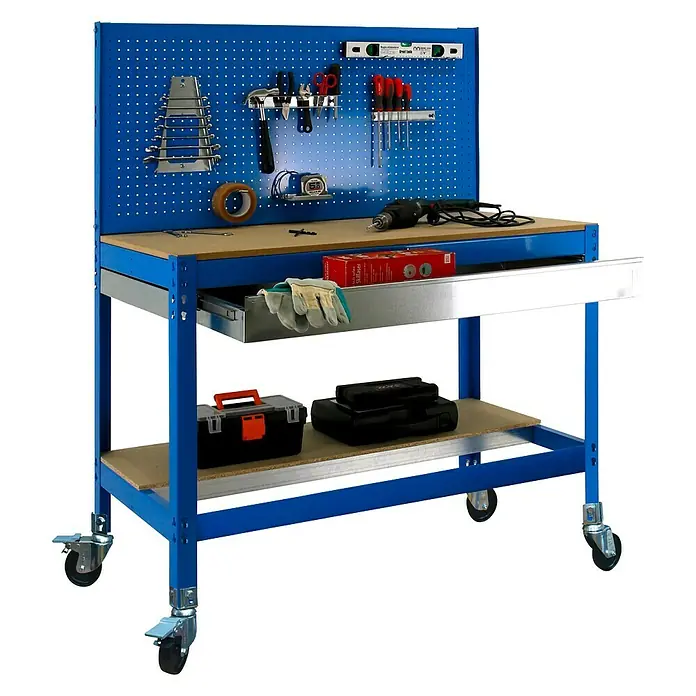 Simonrack Simonwork Werkbank MOBILE BT2 BOX - L x B: 61 x 151 cm, Arbeitshöhe: 144,5 cm, Belastbarkeit: 120 kg, Blau - Werkbank mit blauen Stahlrahmen, Holzplatte, Schublade und Werkzeugwand für Werkstatt oder Hobbyraum.