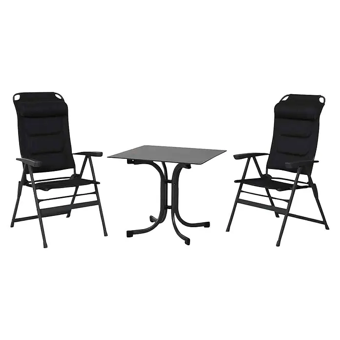 Siena Garden Gartenmöbel-Set Premium/Sola hoch - 3 -tlg., Schwarz/Anthrazit, Aluminium - Gartengarnitur mit zwei Stühlen und einem Tisch. Das Set ist aus schwarzem Material gefertigt und wirkt elegant.