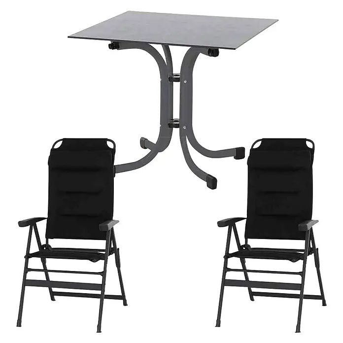 Siena Garden Gartenmöbel-Set Premium/Sola hoch - 3 -tlg., Schwarz/Anthrazit, Aluminium - Bild eines Gartentisches mit zwei Stühlen. Der Tisch ist quadratisch und die Stühle sind zusammenklappbar mit hoher Rückenlehne.