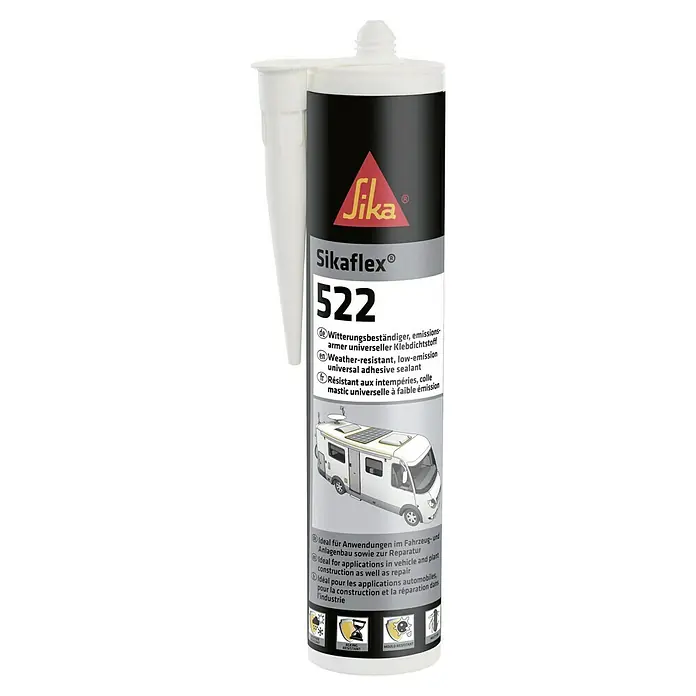 Sika Dichtmasse Sikaflex 522 - Schwarz, 300 ml, Kartusche - Abbildung einer Kartusche Sikaflex 522, ein emissionsarmer, witterungsbeständiger Universalklebstoff, ideal für Fahrzeug- und Anlagenbau.