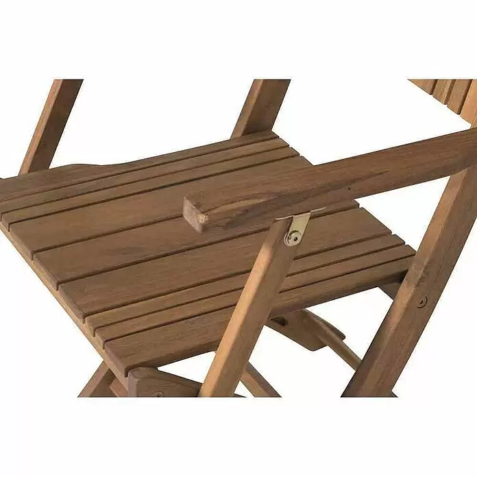 Siena Garden Balkonmöbel-Set Falun - 5 -tlg., Holz, Braun, Rückenlehne verstellbar, Mit Armlehnen - Brauner Holz-Klappstuhl für den Garten, Sitzlatten und Armlehnen-Detail sichtbar.
