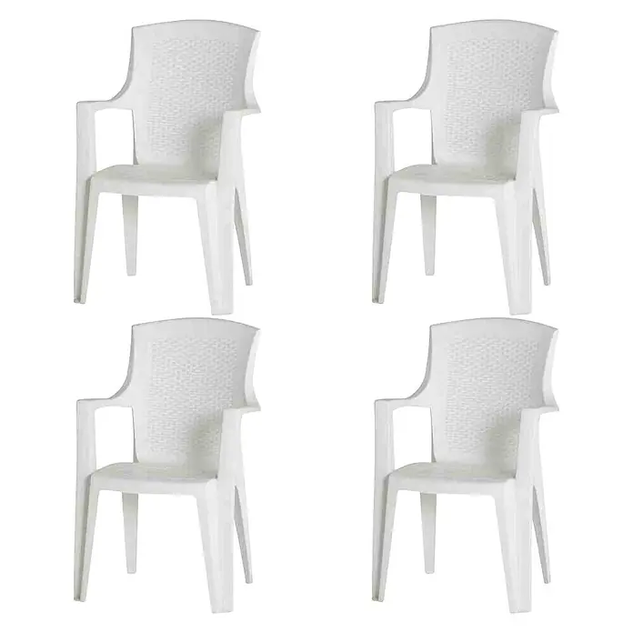 Stapelstuhl Eden im Set - Weiß, B x T x H: 55 x 46 x 91 cm, 4 Stk. - Abbildung von vier weißen Plastikstühlen mit Armlehnen, die sich ideal für den Außenbereich eignen, um Komfort und Stil zu bieten.
