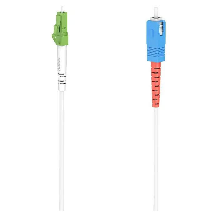 Hama Glasfaser-Netzwerkkabel - 3 m, Weiß, LC/APC-Stecker, SC/UPC-Stecker, Bis zu 10 Gbit/s - Zwei Glasfaserkabel mit grünen und blauen Anschlüssen, ideal für schnelle und zuverlässige Datenübertragung in modernen Netzwerken.