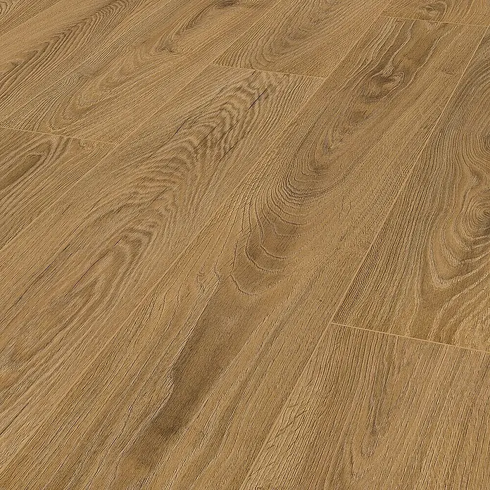 LOGOCLIC Vinto Laminat - Eiche Kronos, Landhausdiele, 1.288 x 195 x 10 mm - Nahaufnahme eines hellbraunen Laminatbodens mit deutlicher Holzmaserung für ein natürliches Aussehen.