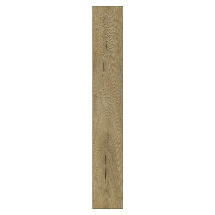 LOGOCLIC Laminatmuster Vinto Eiche Kronos - 297 x 195 x 1 mm, Landhausdiele - Eine Nahaufnahme einer Holzbodenfliese mit Maserung und Astlöchern, die eine rustikale und natürliche Optik bietet.