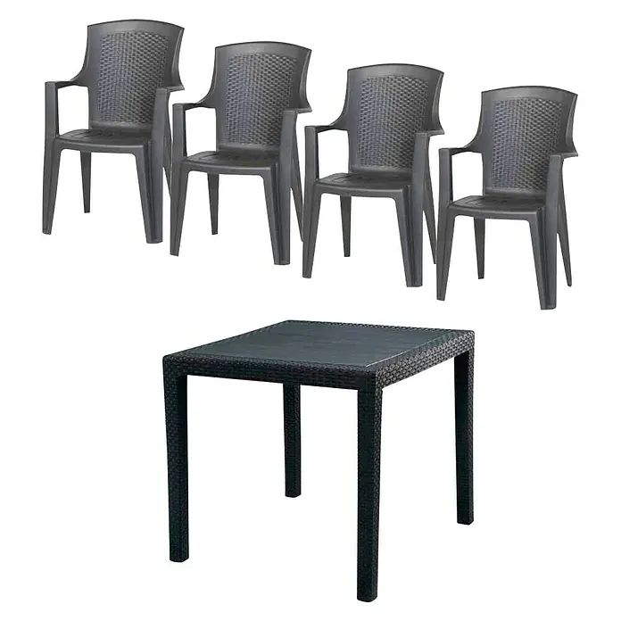 Gartenmöbel-Set Eden/King - 5 -tlg., Kunststoff, Anthrazit, Gartenstuhl stapelbar - Stilvolles Gartenmöbel-Set: Vier graue Kunststoffstühle und ein quadratischer Tisch mit Rattan-Design für den Außenbereich.