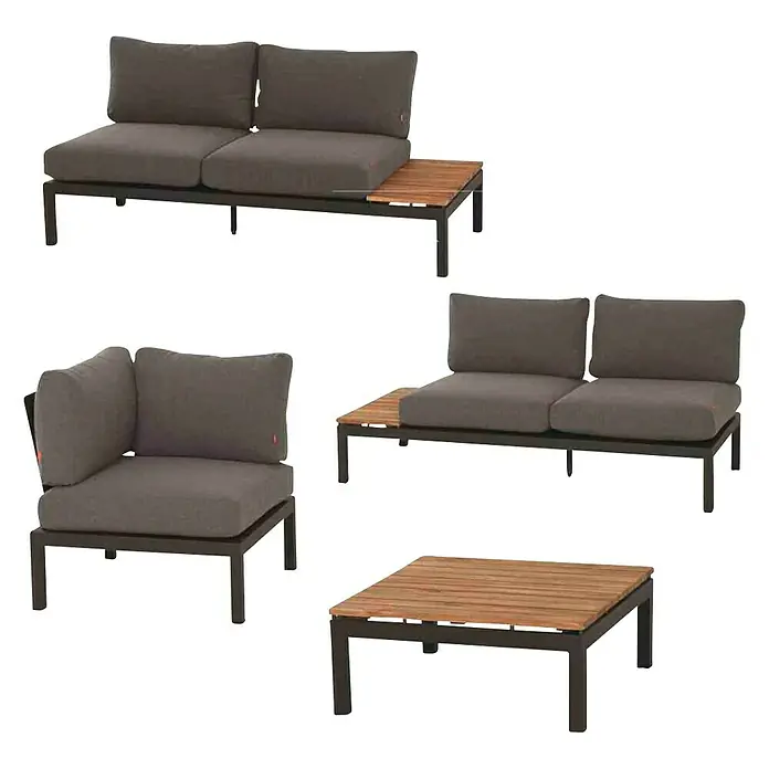 Siena Garden Loungemöbel-Set Alvida - 4 -tlg., Anthrazit/Schwarz, Teakholz, Max. Personenzahl: 5 - Ein Set aus Outdoor-Loungemöbeln, bestehend aus Sofas, Sessel und Tisch mit braunen Kissen und Holztischplatten.