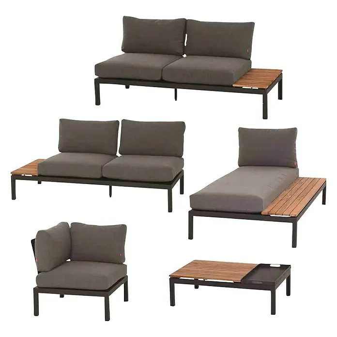 Siena Garden Loungemöbel-Set Alvida - 5 -tlg., Anthrazit/Schwarz, Teakholz, Tablett, Max. Personenzahl: 5 - Abbildung einer Outdoor-Lounge-Gruppe mit Sofas, Eckelement und Tisch mit Holzdetails, ideal für Entspannung im Freien.