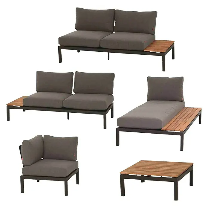 Siena Garden Loungemöbel-Set Alvida5 -tlg., Anthrazit/Schwarz, Teakholz, Max. Personenzahl: 6 - Elegante Outdoor-Lounge-Garnitur in Grau mit Holzakzenten. Die Sitzgruppe umfasst Sofa, Sessel, Liege und Tisch für entspannte Stunden im Freien.