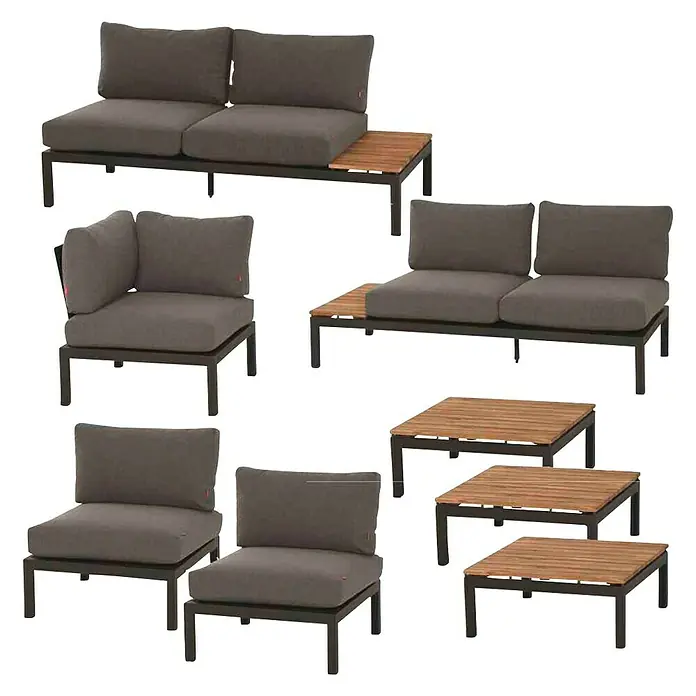 Siena Garden Loungemöbel-Set Alvida - 8 -tlg., Anthrazit/Schwarz, Teakholz, Max. Personenzahl: 6 - Darstellung eines modularen Lounge-Sets mit braunen Polstern und Akazienholz-Tischplatten. Perfekt für den Außenbereich.