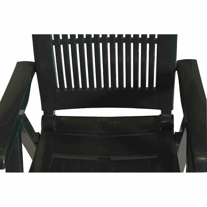 Progarden Klappstuhl Tampa im Set - 4 Stk., B x T x H: 44 x 50 x 111 cm, Grün, 4-fach verstellbare Rückenlehne - Nahaufnahme eines schwarzen Gartenstuhls aus Kunststoff mit Armlehnen und Lattenmuster auf der Rückenlehne.