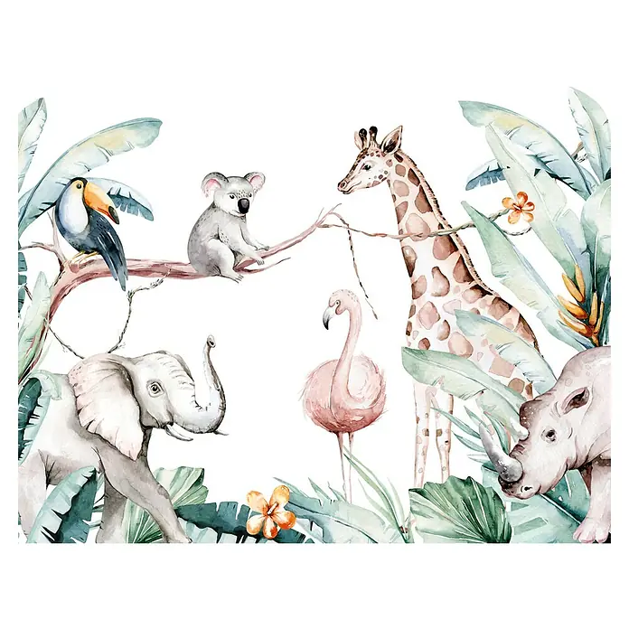 Rasch Bambino XIX Fototapete Dschungel Bunt - Bunt, B x H: 250 x 300 cm, Vlies - Aquarellbild mit Tieren des Dschungels: Elefant, Giraffe, Koala, Flamingo, Nashorn, Tukan und Pflanzen. Perfekt für Kinderzimmer.