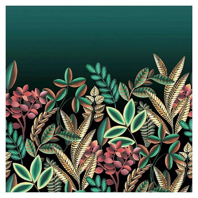 Rasch Florentine III Fototapete Tropischer Garten - B x H: 300 x 300 cm, Vlies, Grün - Üppiges botanisches Muster mit bunten Blättern und Zweigen auf dunklem Hintergrund, ideal für Stoffe und Wandkunst.