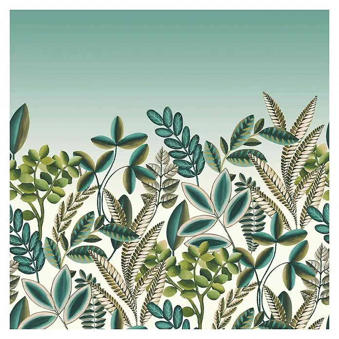 Rasch Florentine III Fototapete Tropischer Garten - B x H: 300 x 300 cm, Vlies, Scandi - Illustration mit üppigen grünen Blättern und Pflanzen, die eine lebendige und natürliche Atmosphäre für Wände schaffen.