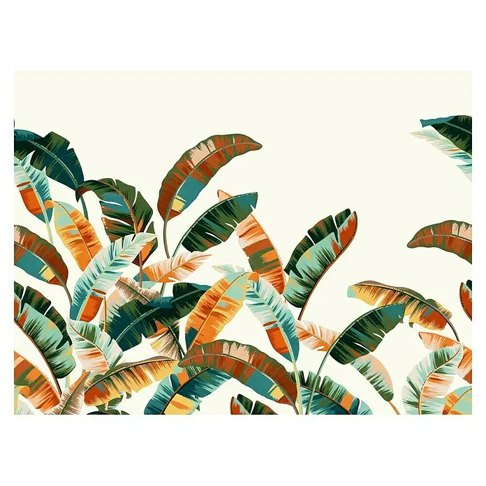 Rasch Florentine III Fototapete Palmblätter - B x H: 400 x 300 cm, Vlies, Rot - Illustration von sich überlappenden, bunten Bananenblättern in verschiedenen Grüntönen, Orange und Blau auf einem cremefarbenen Hintergrund.