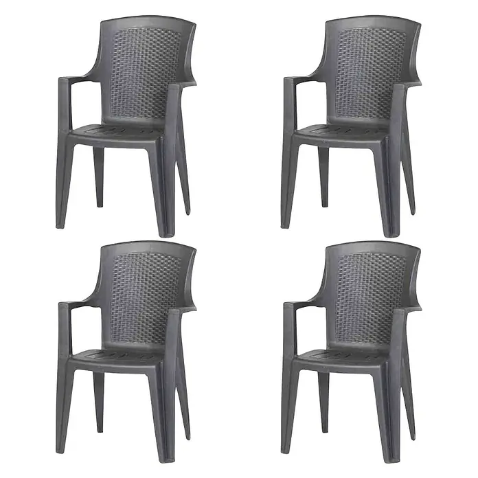 Stapelstuhl Eden im Set - Anthrazit, B x T x H: 55 x 46 x 91 cm, 4 Stk. - Vier graue Plastikstühle mit Armlehnen, ideal für den Garten oder die Terrasse, in einer quadratischen Anordnung präsentiert.