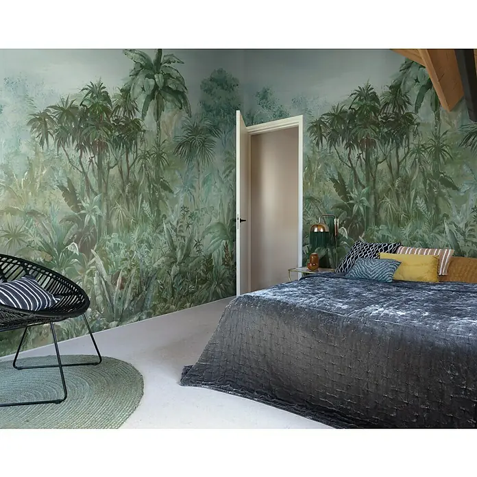 Rasch Florentine III Fototapete Dschungelblick - B x H: 400 x 300 cm, Vlies, Dunkelgrau - Schlafzimmer mit Dschungeltapete.