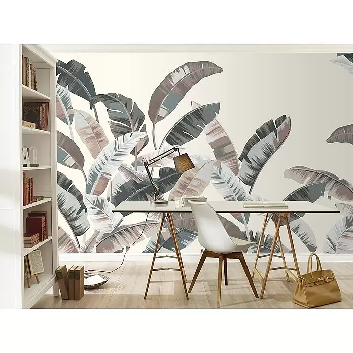 Rasch Florentine III Fototapete Palmblätter - B x H: 400 x 300 cm, Vlies, Blau - Botanische Tapete mit großen, gedeckten Bananenblättern in Grau-, Blau- und Brauntönen, die einen modernen Arbeitsbereich verschönert.