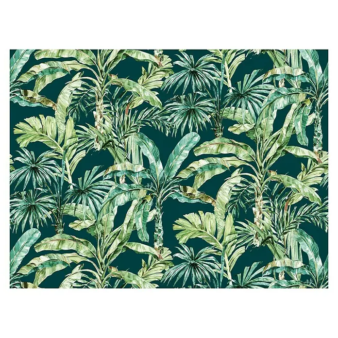 Rasch Florentine III Fototapete Palmenblätter Dunkelgrün - B x H: 400 x 300 cm, Vlies - Üppiges tropisches Dschungeltapetenmuster mit Bananenpalmen und Fächerpalmen vor einem tiefen, dunklen Hintergrund.