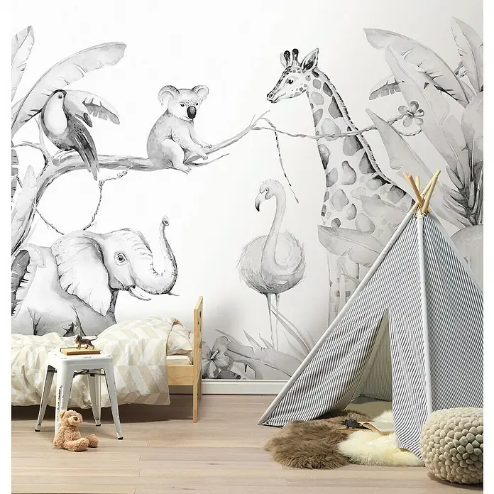 Rasch Bambino XIX Fototapete Dschungeltiere - Weiß-grau, B x H: 250 x 300 cm, Vlies - Kinderzimmer mit Wandbild von Tieren wie Elefant, Giraffe, Koala und Flamingo, mit Bett und Spielzelt für eine spielerische Atmosphäre.