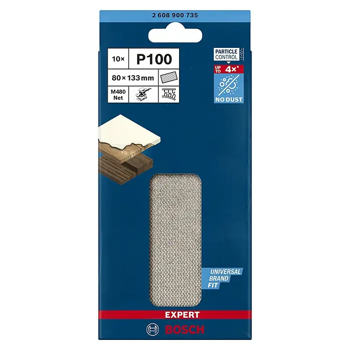 Bosch Expert Disco de lijado M480 - An x L: 80 x 133 mm, Grano: 100 mm - La malla abrasiva Bosch Expert M480 con grano P100 en paquete de 10: Ideal para trabajos de lijado con hasta 4 veces menos polvo.