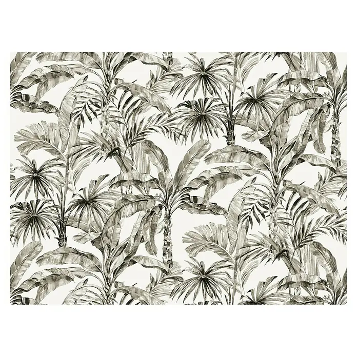 Rasch Florentine III Fototapete Palmenblätter - B x H: 400 x 300 cm, Vlies, Schwarz/Braun/Weiß - Ein elegantes Schwarz-Weiß-Muster zeigt tropische Bananenblätter und Palmen, ideal für stilvolle Wanddekorationen.