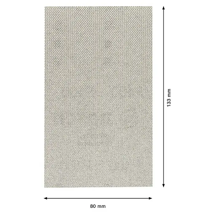 Bosch Expert Disco de lijado M480 - An x L: 80 x 133 mm, Grano: 100 mm - Primer plano de una muestra de tela rectangular beige con indicación de las dimensiones de ancho y alto.
