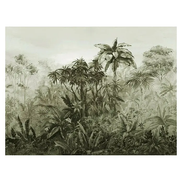 Rasch Florentine III Fototapete Dschungelblick - B x H: 400 x 300 cm, Vlies, Sepia - Das Dschungelwandbild zeigt eine monochrome Szene dichter tropischer Vegetation, die eine ruhige und üppige Atmosphäre schafft.