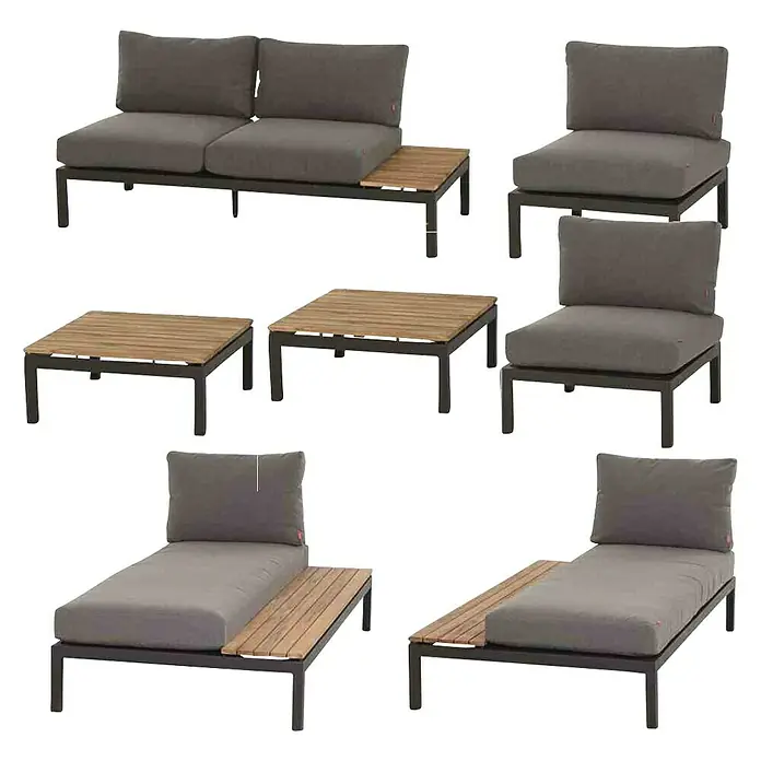 Siena Garden Loungemöbel-Set Alvida - 7 -tlg., Anthrazit/Schwarz, Teakholz, Max. Personenzahl: 5 - Gartenmöbelset mit Sofa, Sesseln und Tischen in Grau und Holzoptik.