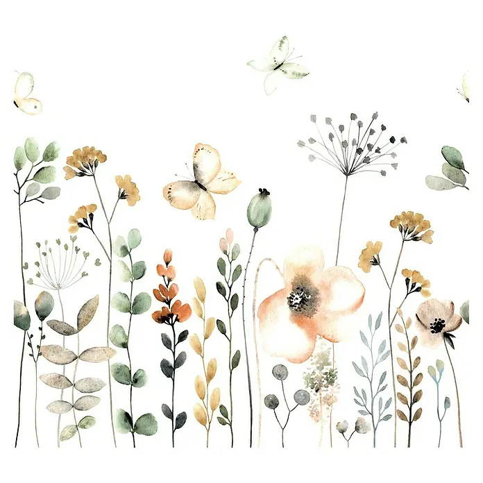 Rasch Bambino XIX Fototapete Blumen - B x H: 250 x 280 cm, Vlies, Hellgrün - Aquarellmalerei verschiedener Blumen und Schmetterlinge mit sanften Farbtönen, ideal für eine elegante und natürliche Wanddekoration.
