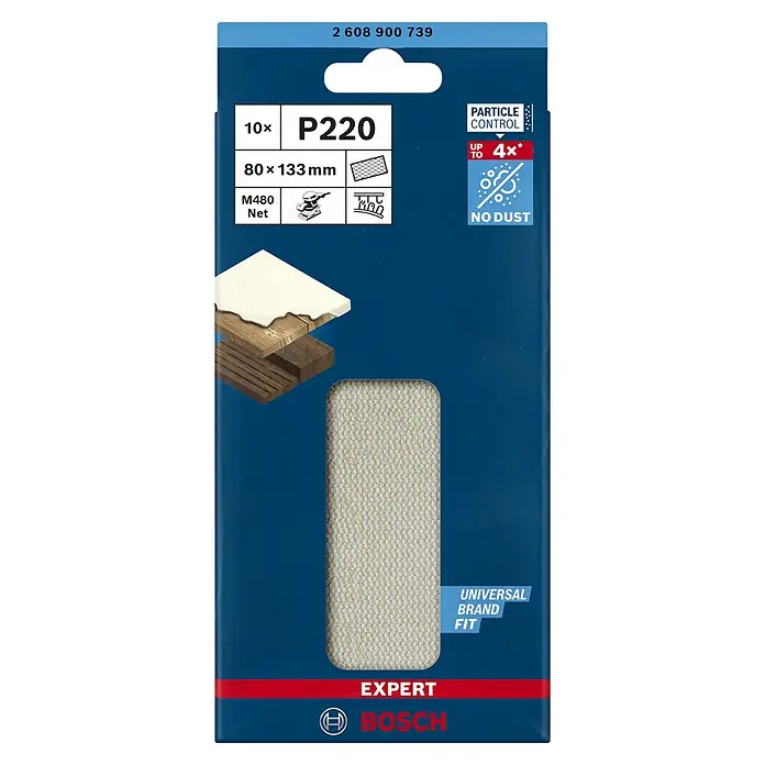 Bosch Expert Disco de lijado M480 - An x L: 80 x 133 mm, Grano: 220 mm - Imagen de la hoja de lija de red Bosch EXPERT M480, grano P220, 80x133 mm, 10 unidades, con control de partículas para hasta 4 veces menos polvo.