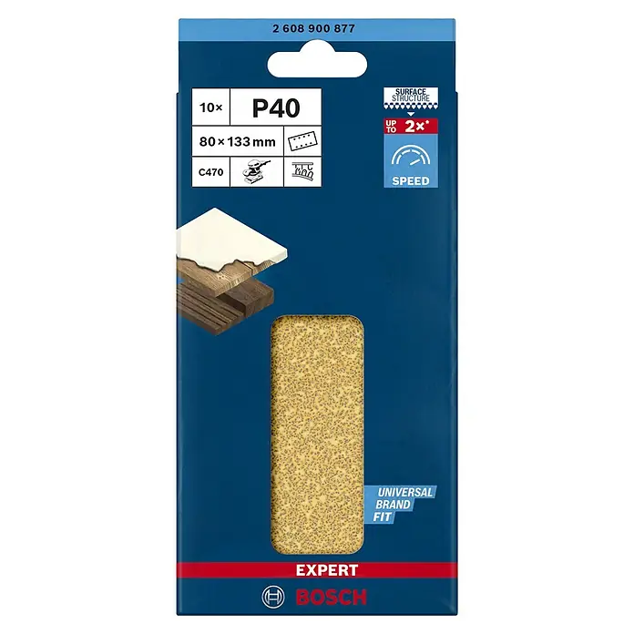 Bosch Expert Schleifblätter C470 - Körnung: 40, 80 x 133 mm, 10 Stk. - Abbildung einer Packung Bosch Expert C470 Schleifblätter mit Körnung P40, 80x133mm, für verschiedene Materialien und Schleifmaschinen.