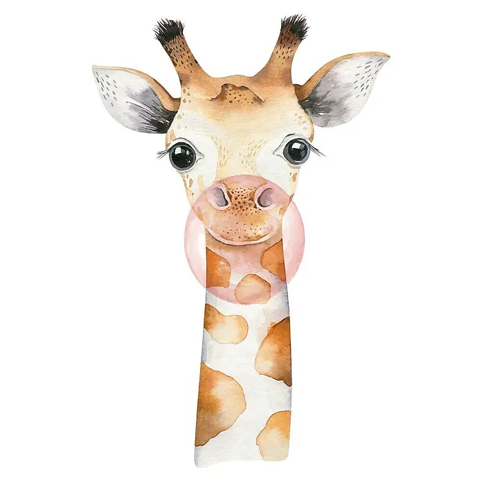 Rasch Bambino XIX Fototapete Giraffe - B x H: 150 x 280 cm, Vlies - Aquarell-Giraffe mit rosa Kaugummi, ein bezauberndes Dekorationsstück für Kinderzimmer oder als fröhlicher Akzent in jedem Raum.