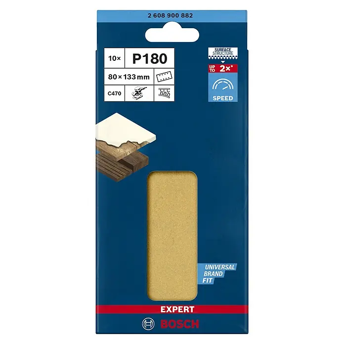 Bosch Expert Schleifblätter C470 - Körnung: 180, 80 x 133 mm, 10 Stk. - Abbildung einer Packung Bosch Expert Schleifblätter P180, 80x133mm, 10 Stück, mit Oberflächenstruktur und Universalbefestigung für Schleifgeräte.