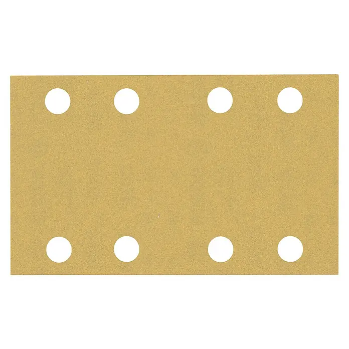 Bosch Expert Schleifblätter C470 - Körnung: 180, 80 x 133 mm, 10 Stk. - Das Bild zeigt ein rechteckiges Schleifpapier mit acht runden Löchern, das für Schleifarbeiten an Holz oder Metall verwendet wird.